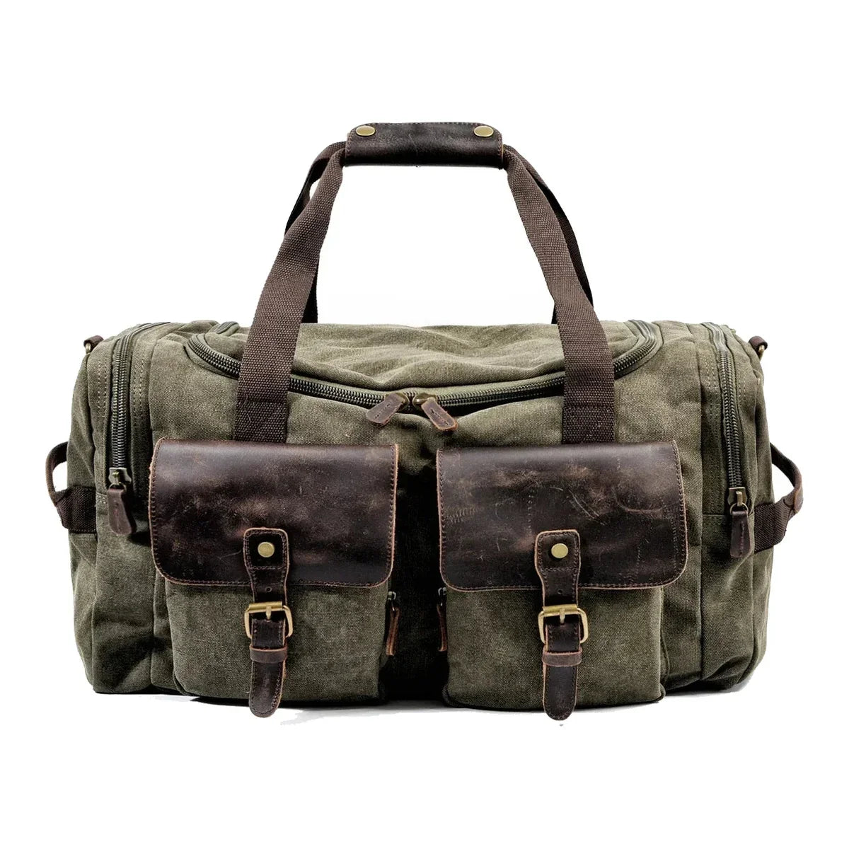 Men’s Waxed Canvas Weekender - Duffle Bag with Leather Pockets - Army Green