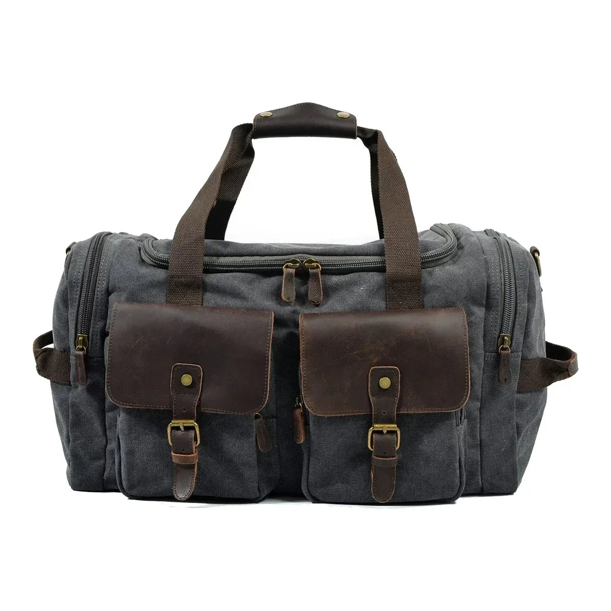 Men’s Waxed Canvas Weekender - Duffle Bag with Leather Pockets - Dark Gray