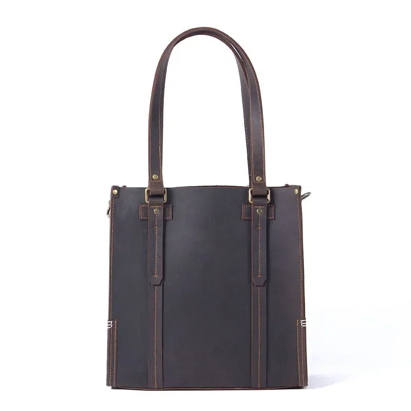 Men’s Zip-Top Leather Tote - Crazy Horse Cowhide with Crossbody Strap - Dark Coffee