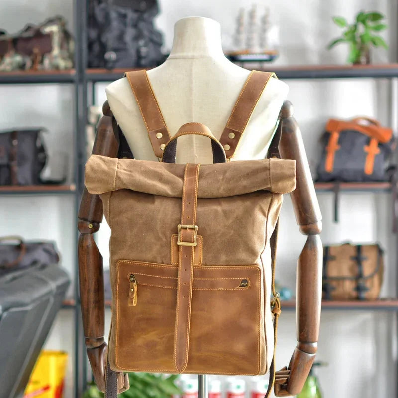 Men’s Waxed Canvas Roll-Top Backpack - Zip Front Pocket Rucksack