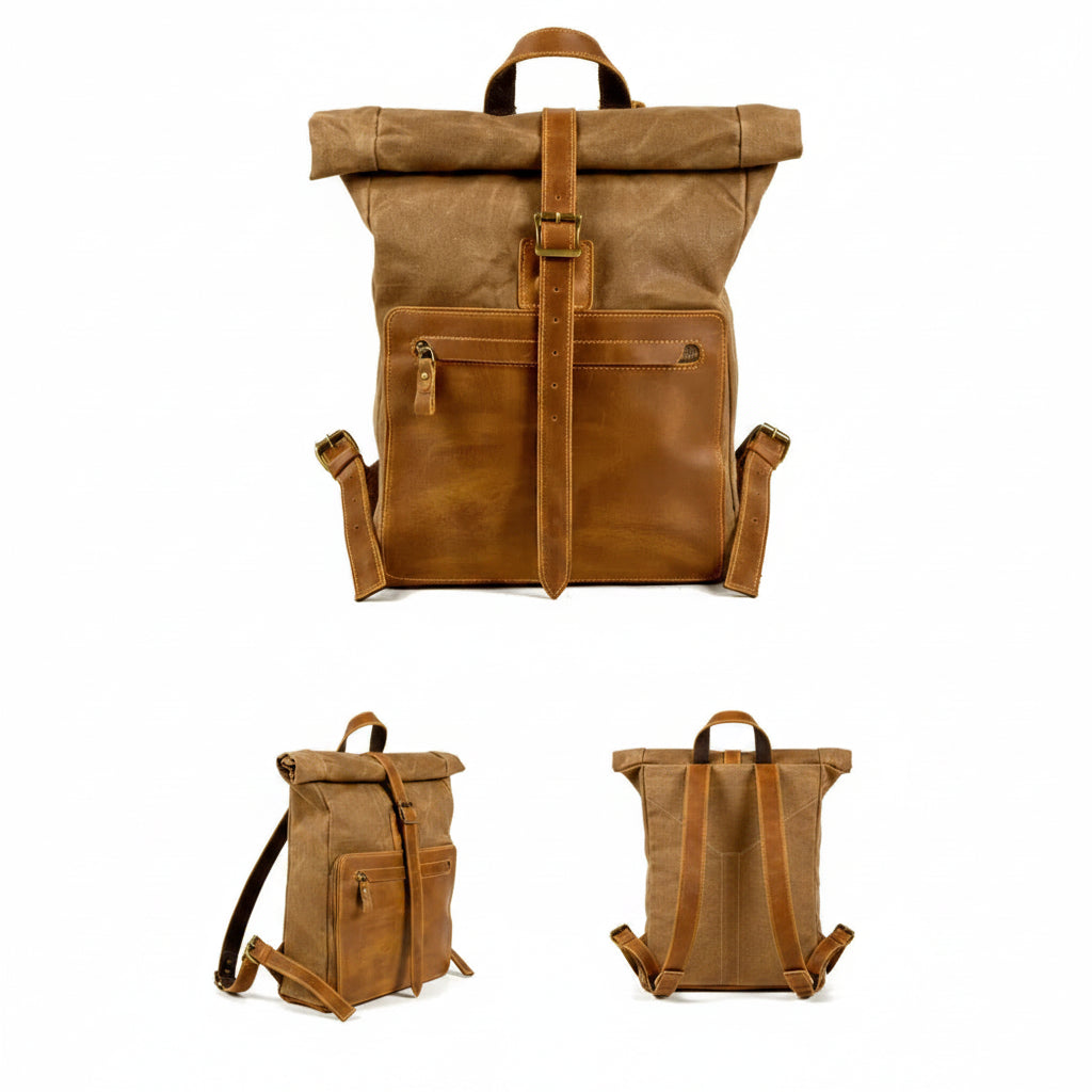 Men’s Waxed Canvas Roll-Top Backpack - Zip Front Pocket Rucksack