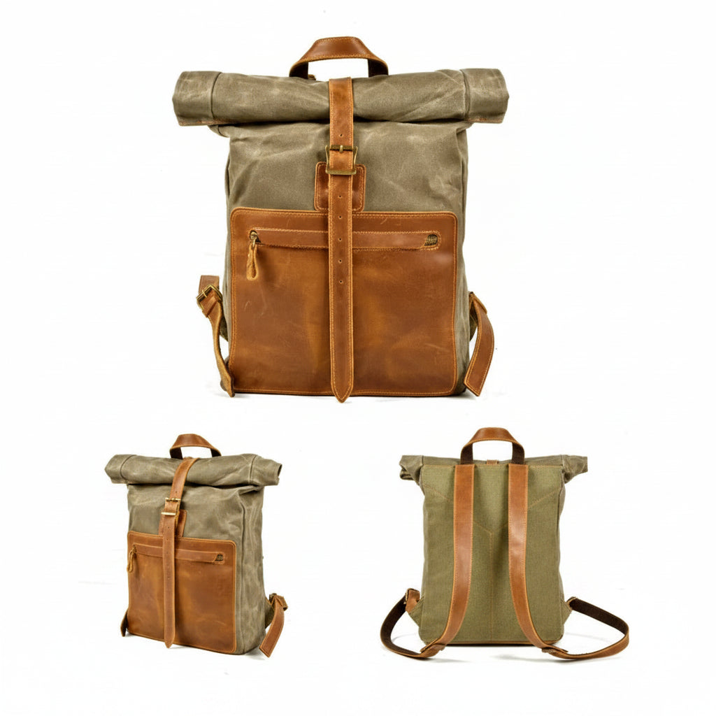 Men’s Waxed Canvas Roll-Top Backpack - Zip Front Pocket Rucksack