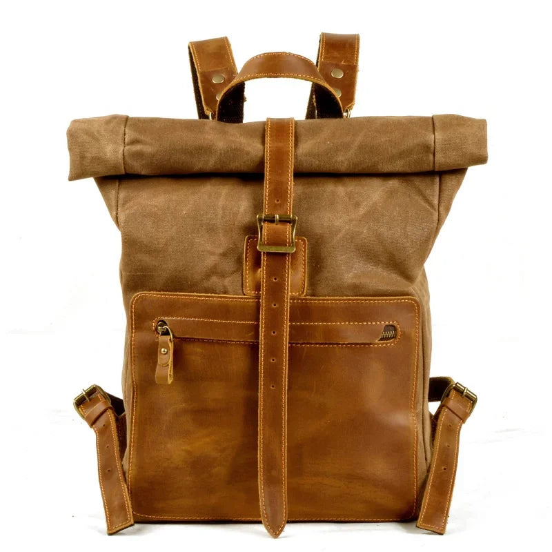 Men’s Waxed Canvas Roll-Top Backpack - Zip Front Pocket Rucksack