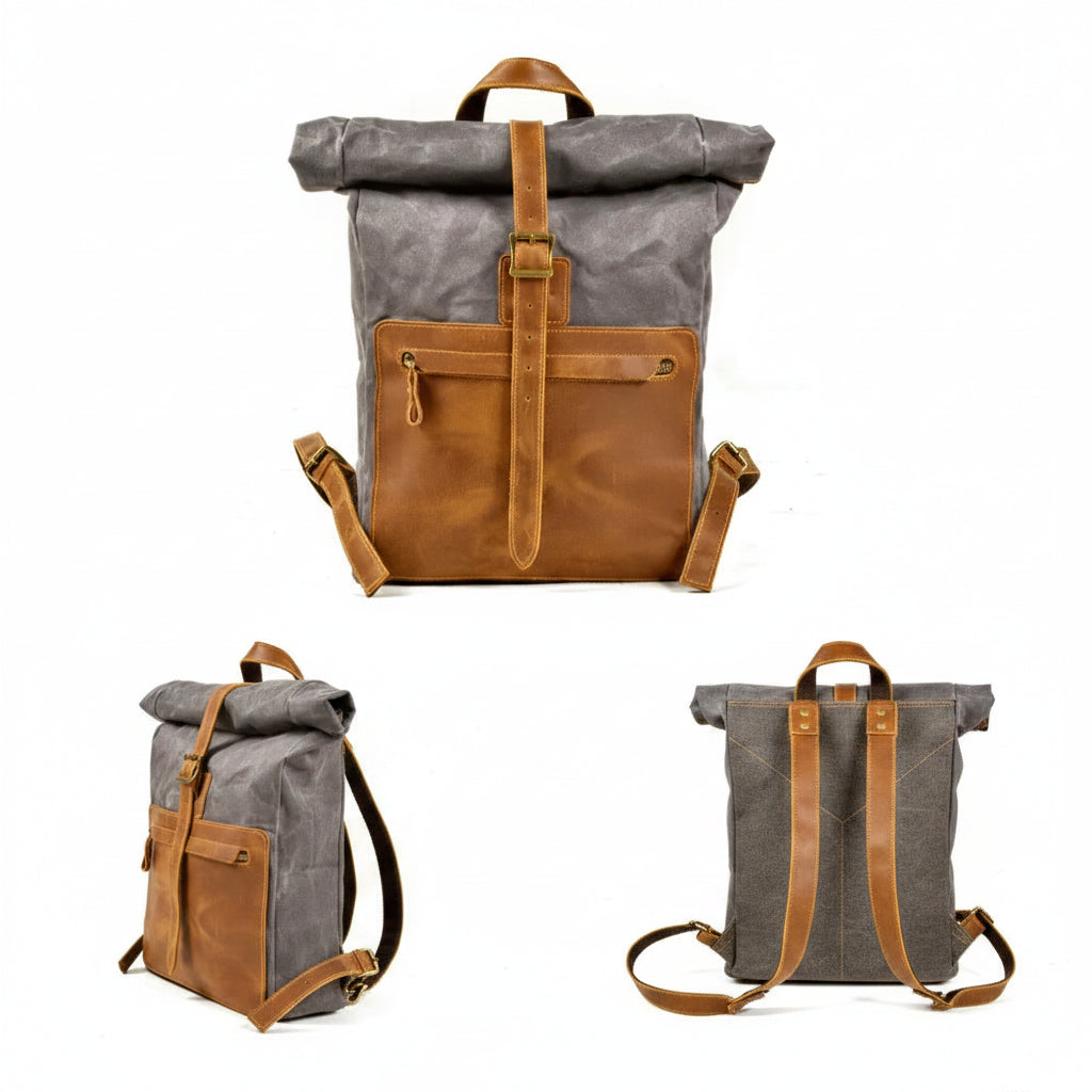 Men’s Waxed Canvas Roll-Top Backpack - Zip Front Pocket Rucksack