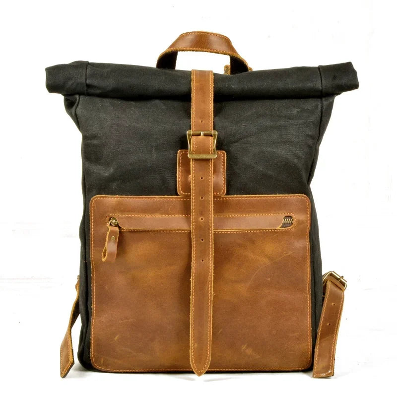 Men’s Waxed Canvas Roll-Top Backpack - Zip Front Pocket Rucksack - Black