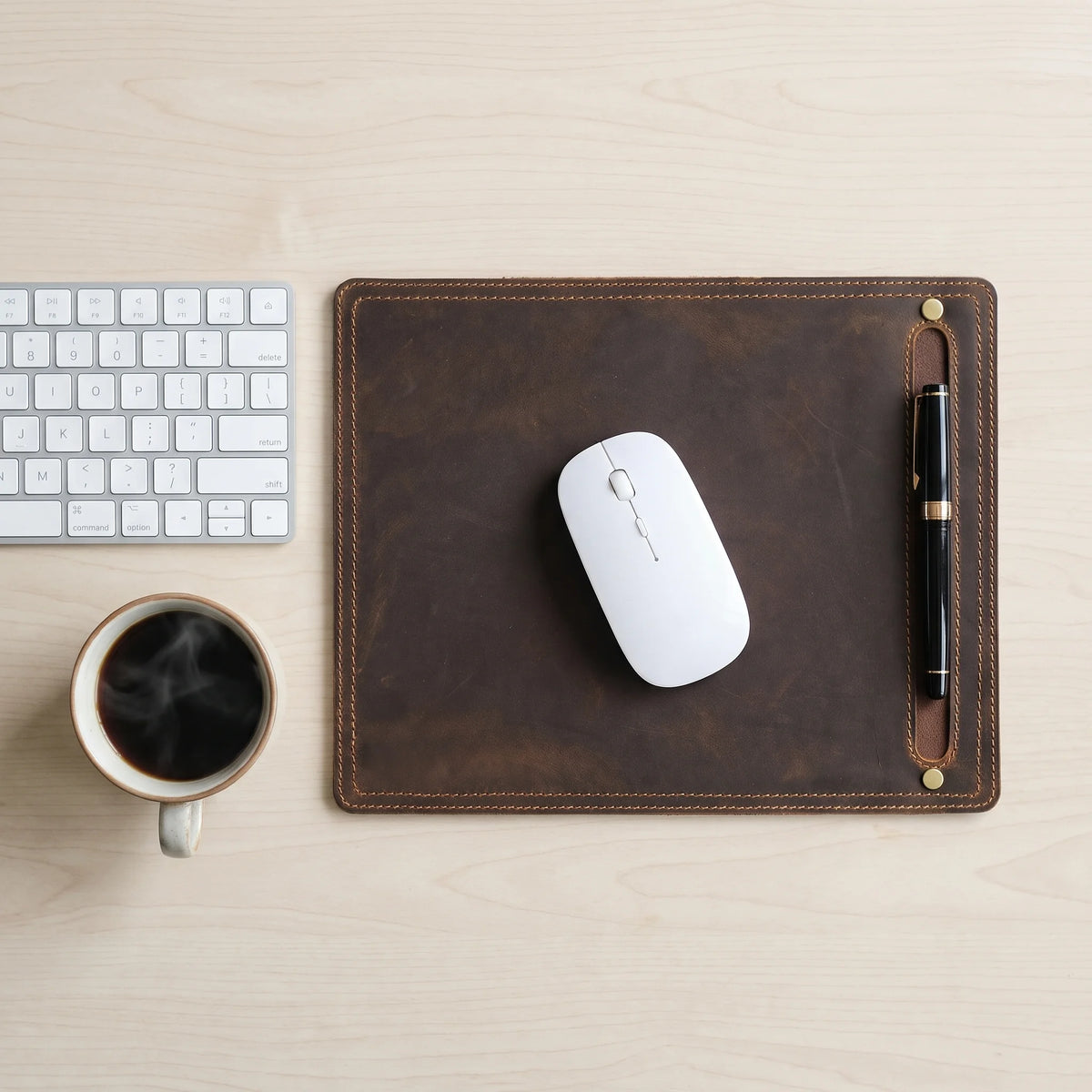 Nubuck Leather Mouse Pad with Pen Holder - Coffee / 11 x 9.1