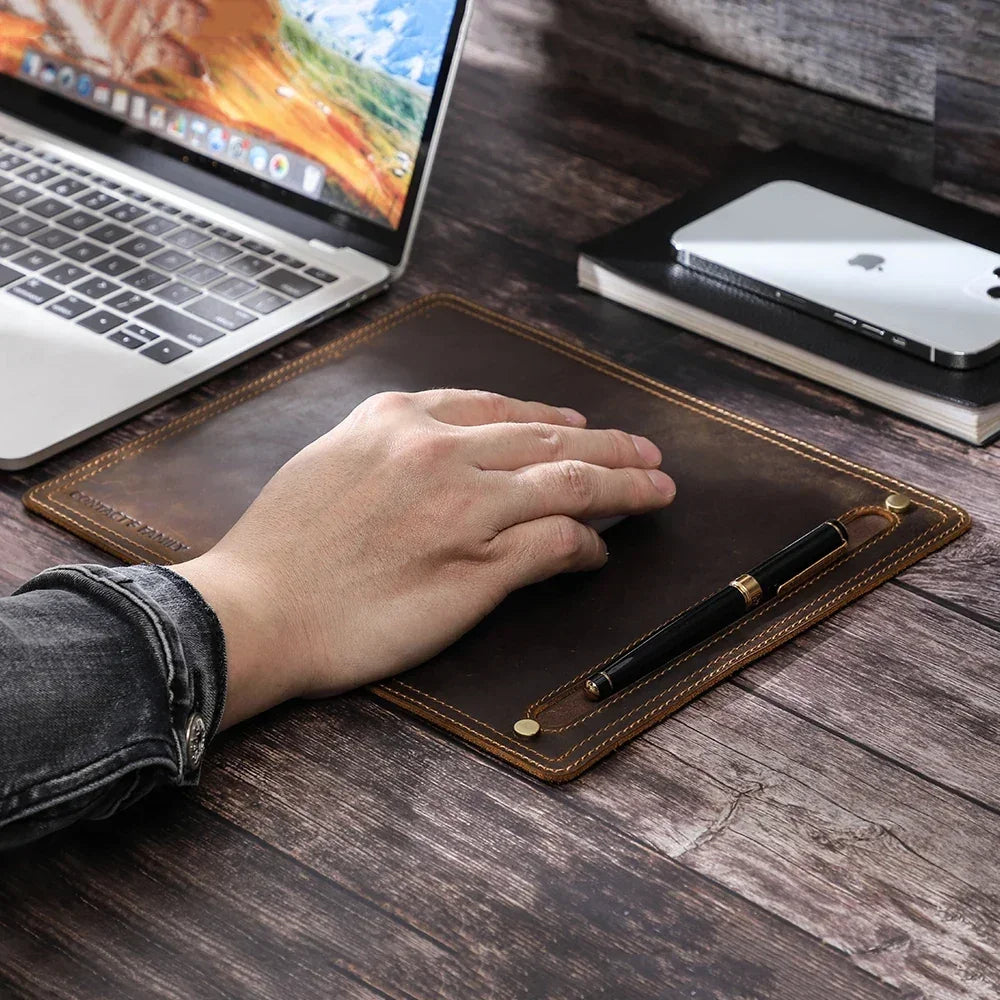 Nubuck Leather Mouse Pad with Pen Holder - Coffee / 11 x 9.1