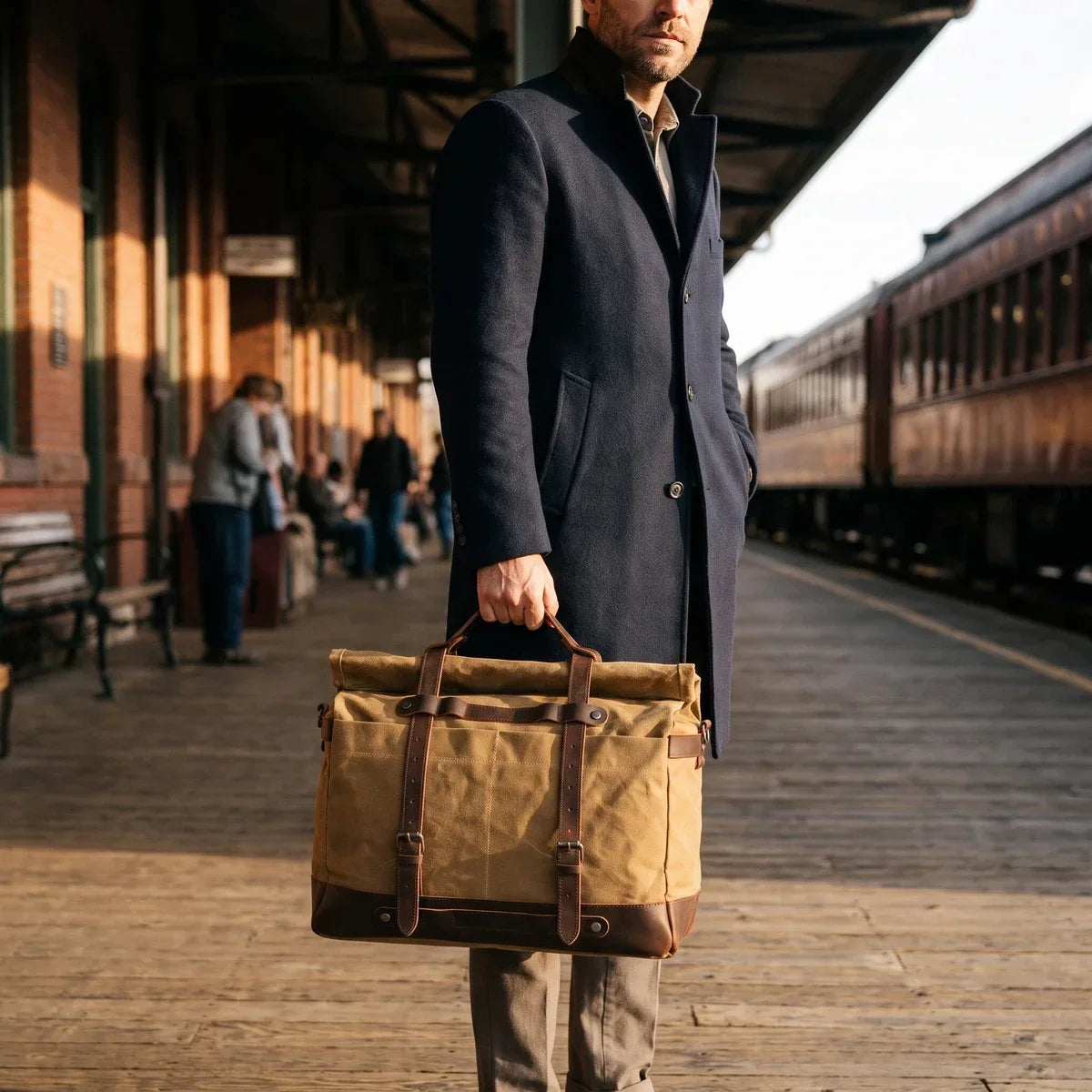 Roll-Top Waxed Canvas Weekender Bag - Buckle Straps and Shoulder Strap
