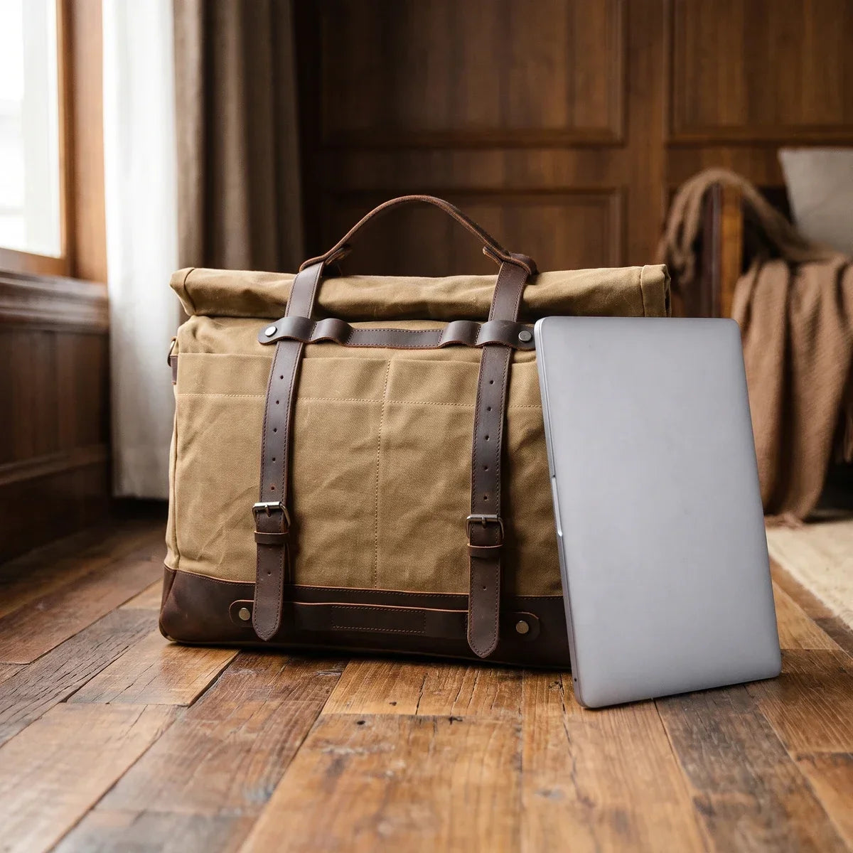 Roll-Top Waxed Canvas Weekender Bag - Buckle Straps and Shoulder Strap