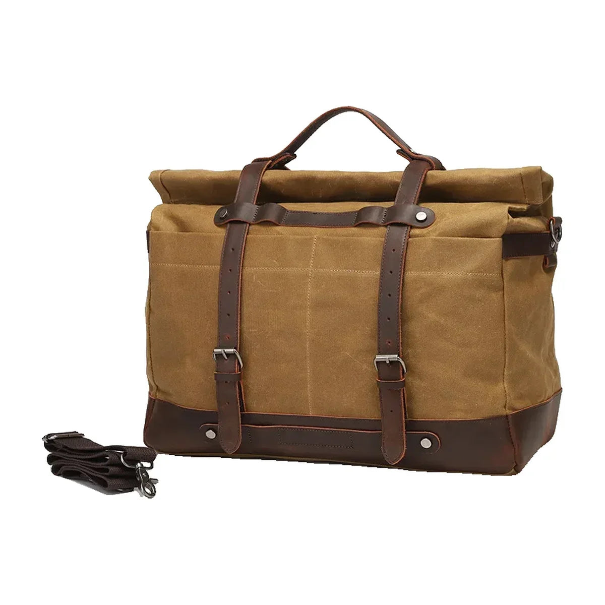 Roll-Top Waxed Canvas Weekender Bag - Buckle Straps and Shoulder Strap - Khaki