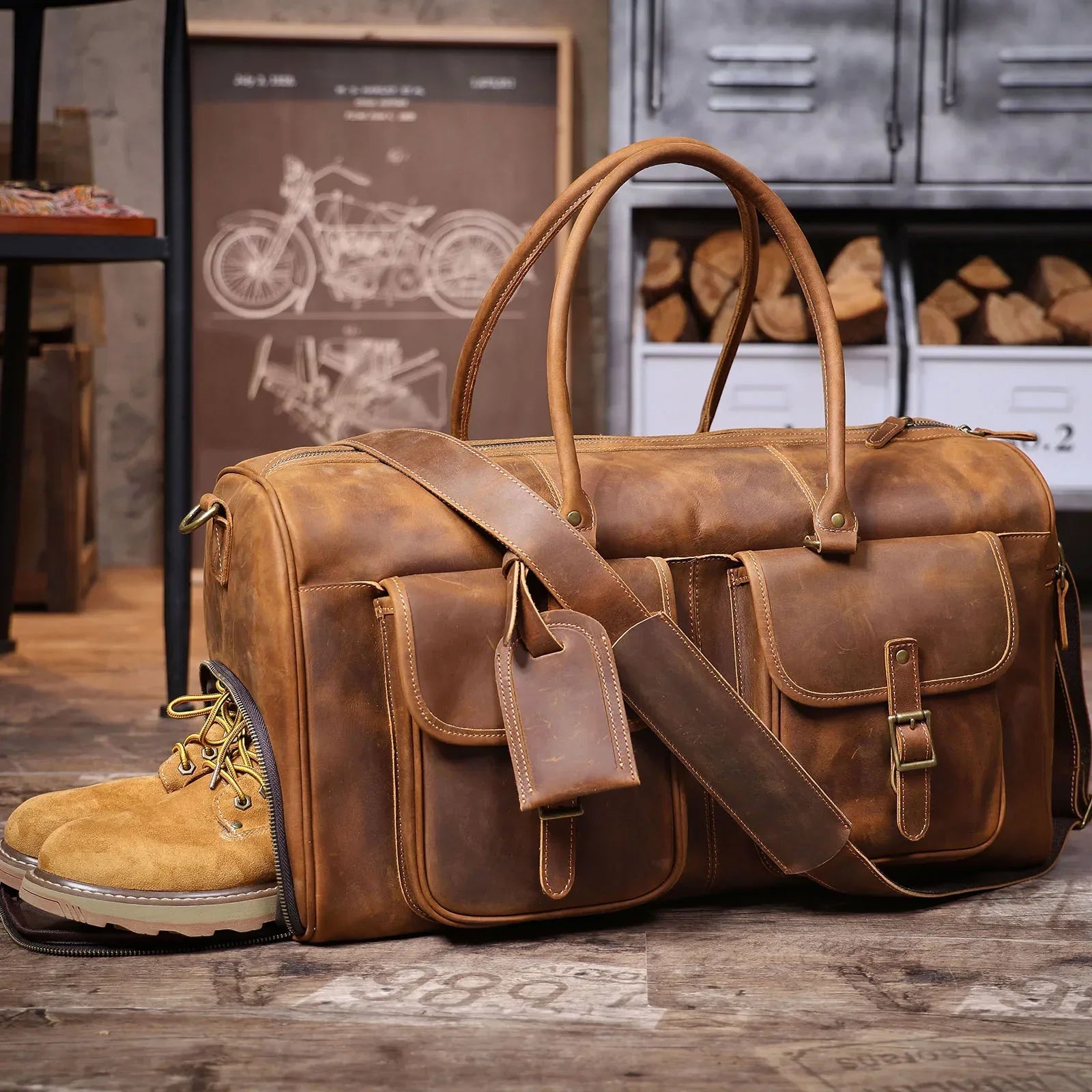 Men’s Leather Duffle Bag - Crazy Horse Front Pocket Weekender