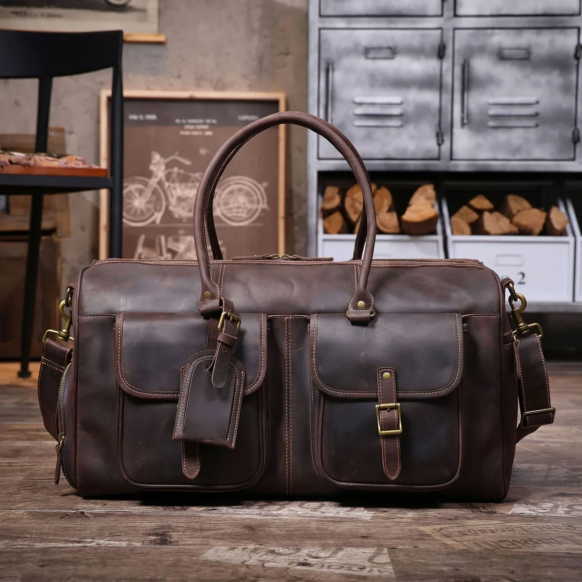 Men’s Leather Duffle Bag - Crazy Horse Front Pocket Weekender - Coffee