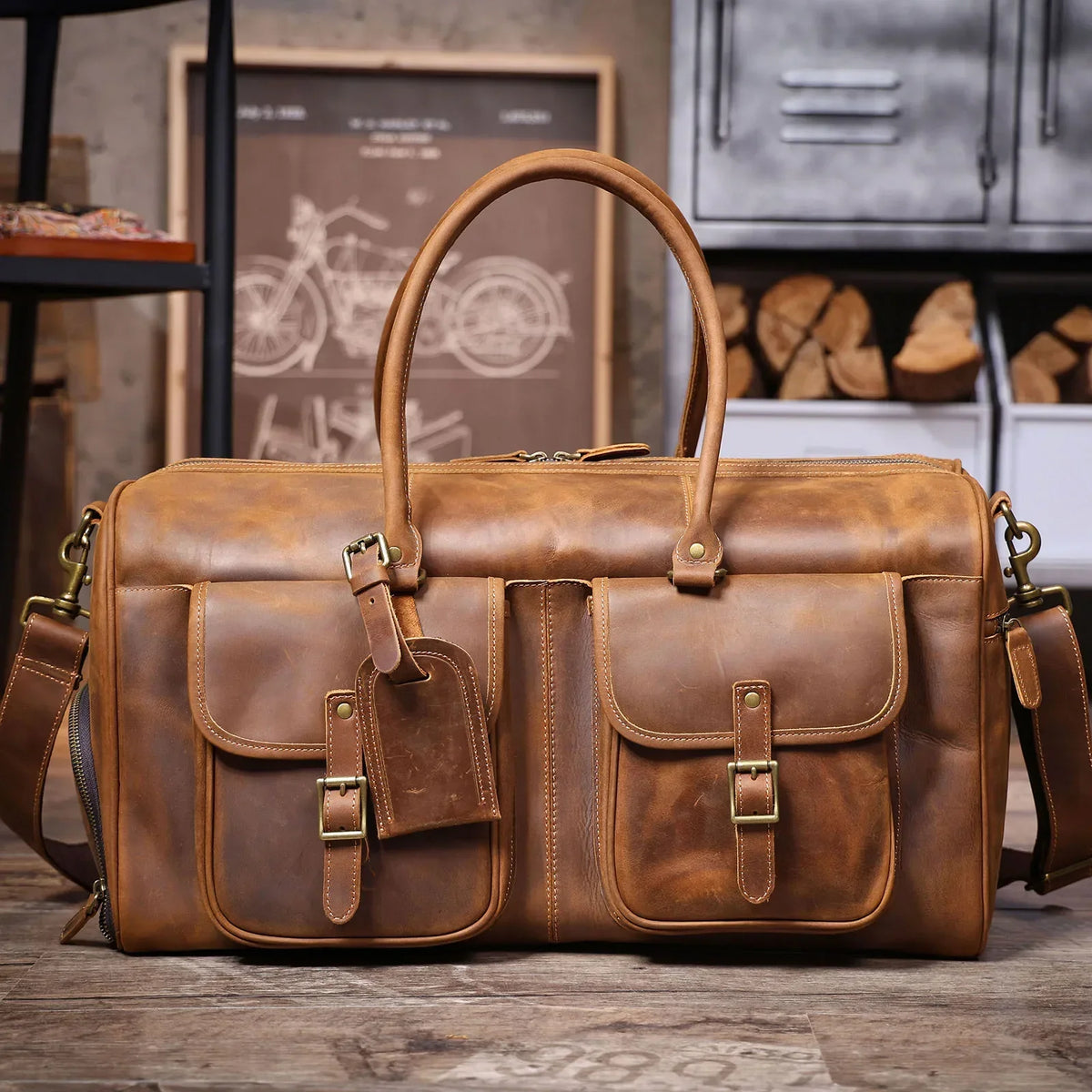 Men’s Leather Duffle Bag - Crazy Horse Front Pocket Weekender - Brown