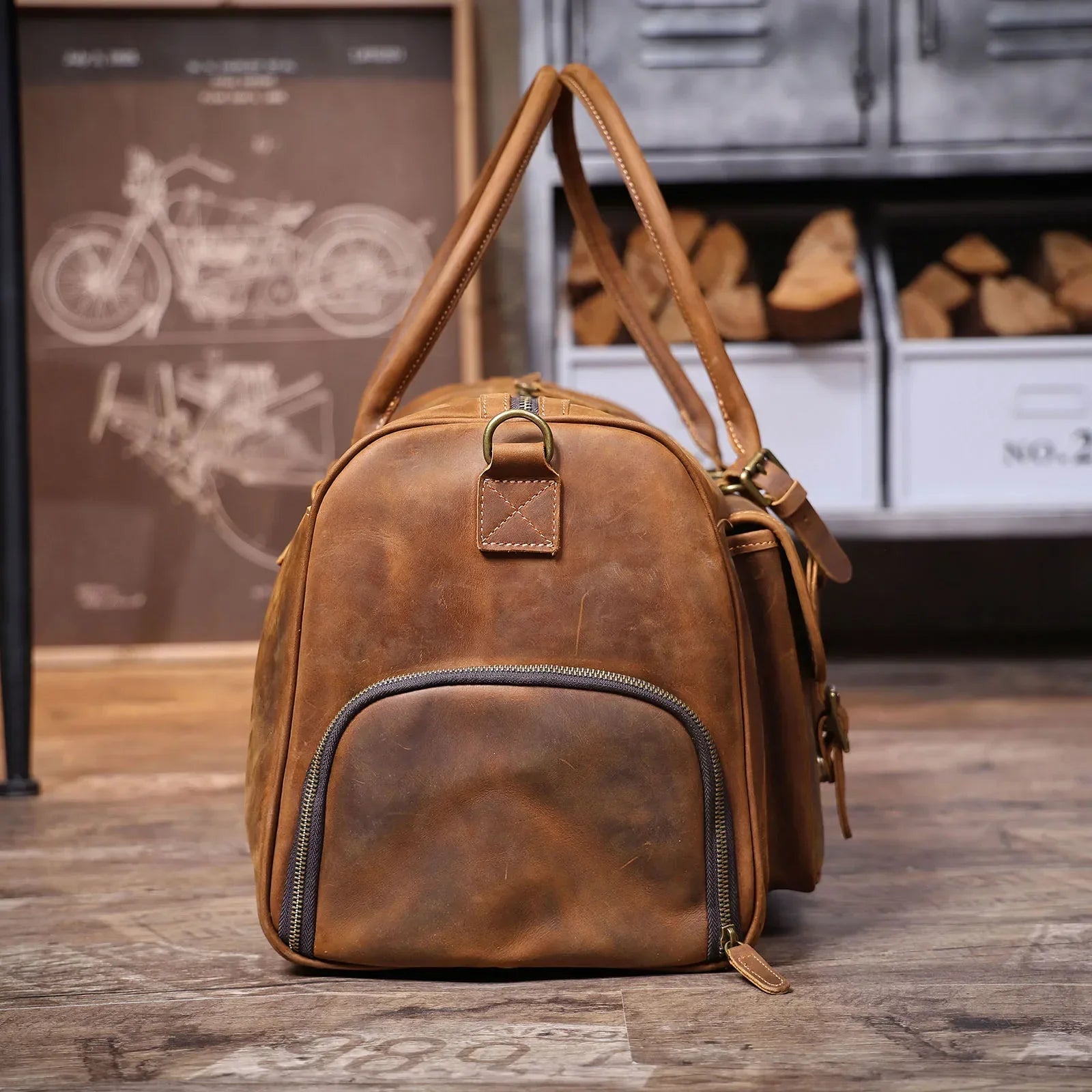 Men’s Leather Duffle Bag - Crazy Horse Front Pocket Weekender