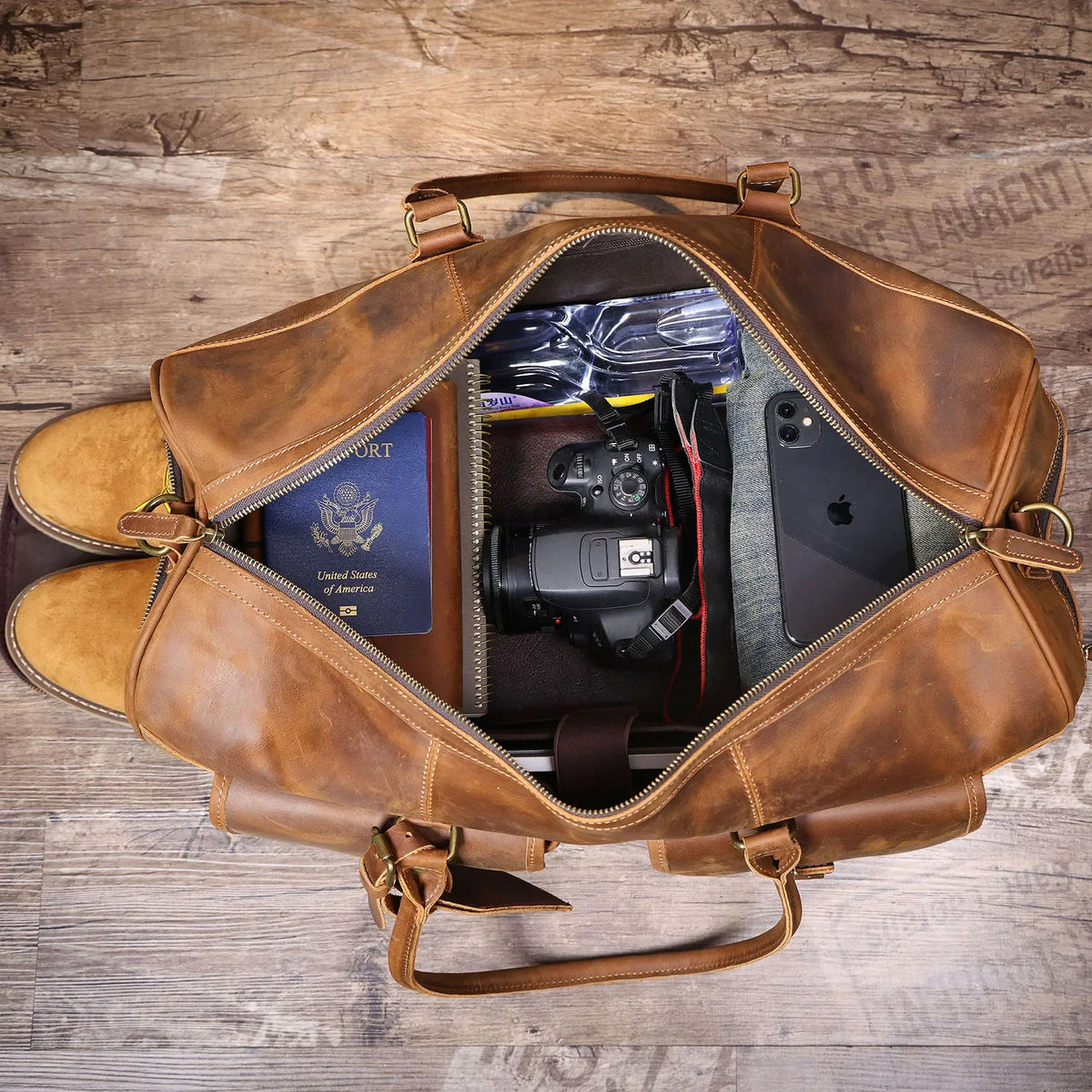 Men’s Leather Duffle Bag - Crazy Horse Front Pocket Weekender