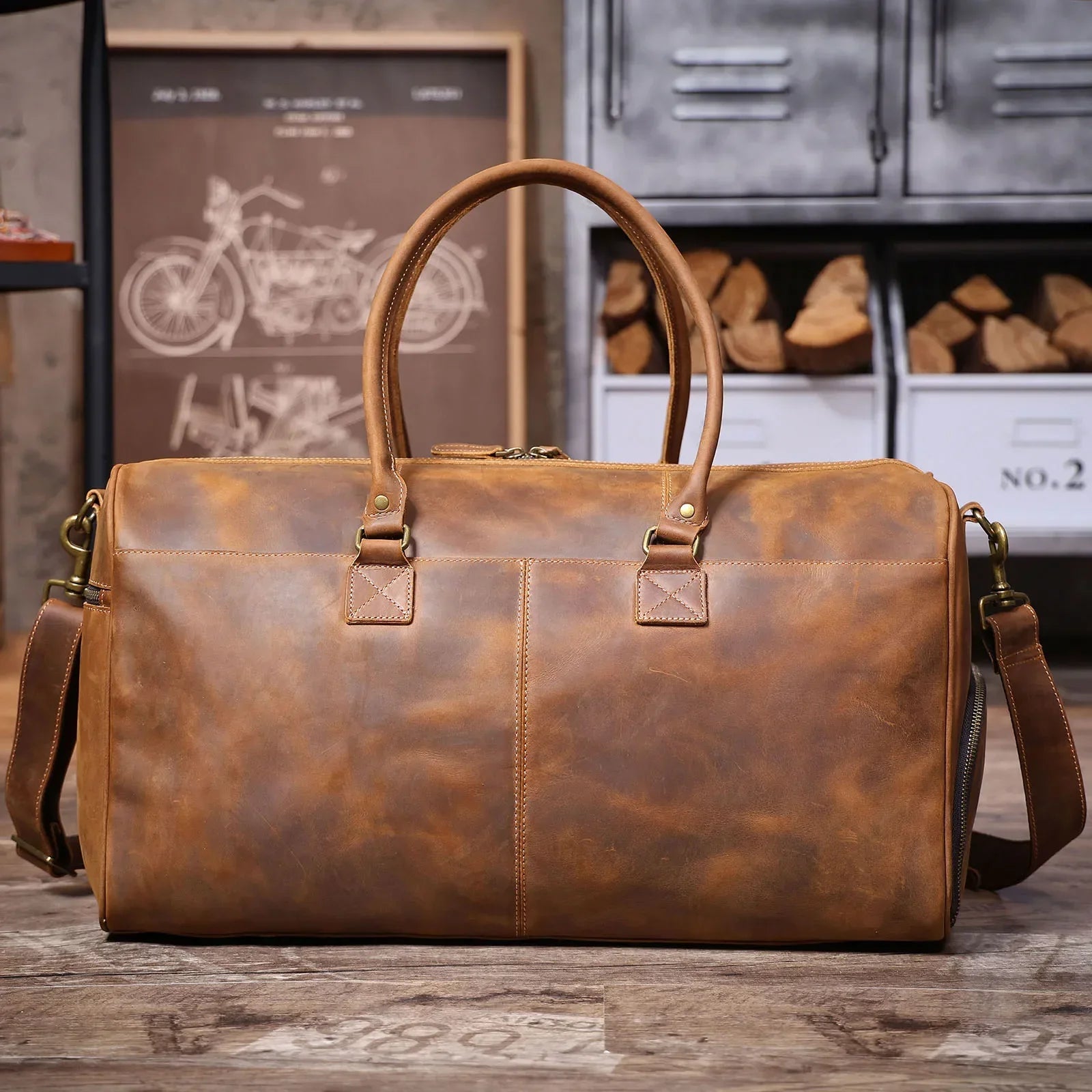 Men’s Leather Duffle Bag - Crazy Horse Front Pocket Weekender
