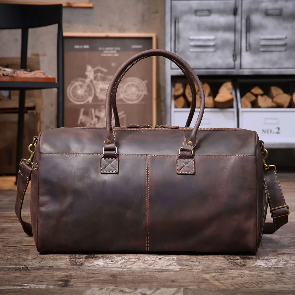 Men’s Leather Duffle Bag - Crazy Horse Front Pocket Weekender