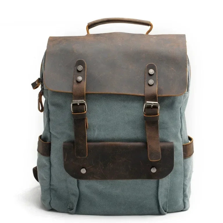 Men’s Waxed Canvas Backpack - Leather Trim 6-Color Laptop Pack - Blue