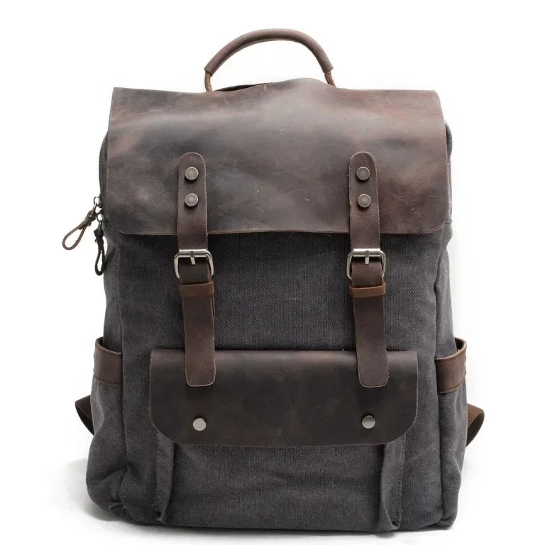 Men’s Waxed Canvas Backpack - Leather Trim 6-Color Laptop Pack - Gray