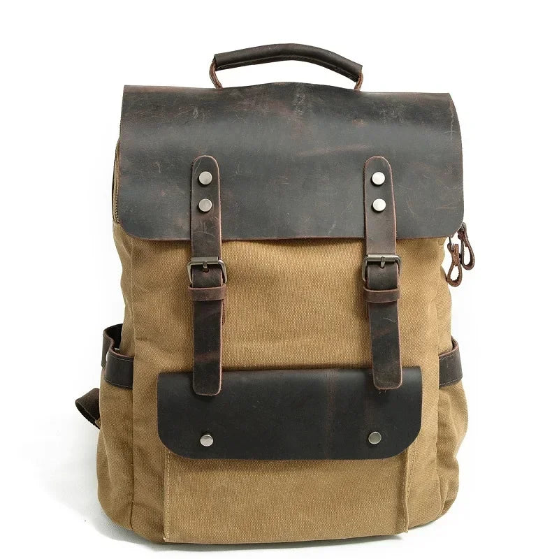 Men’s Waxed Canvas Backpack - Leather Trim 6-Color Laptop Pack - Khaki