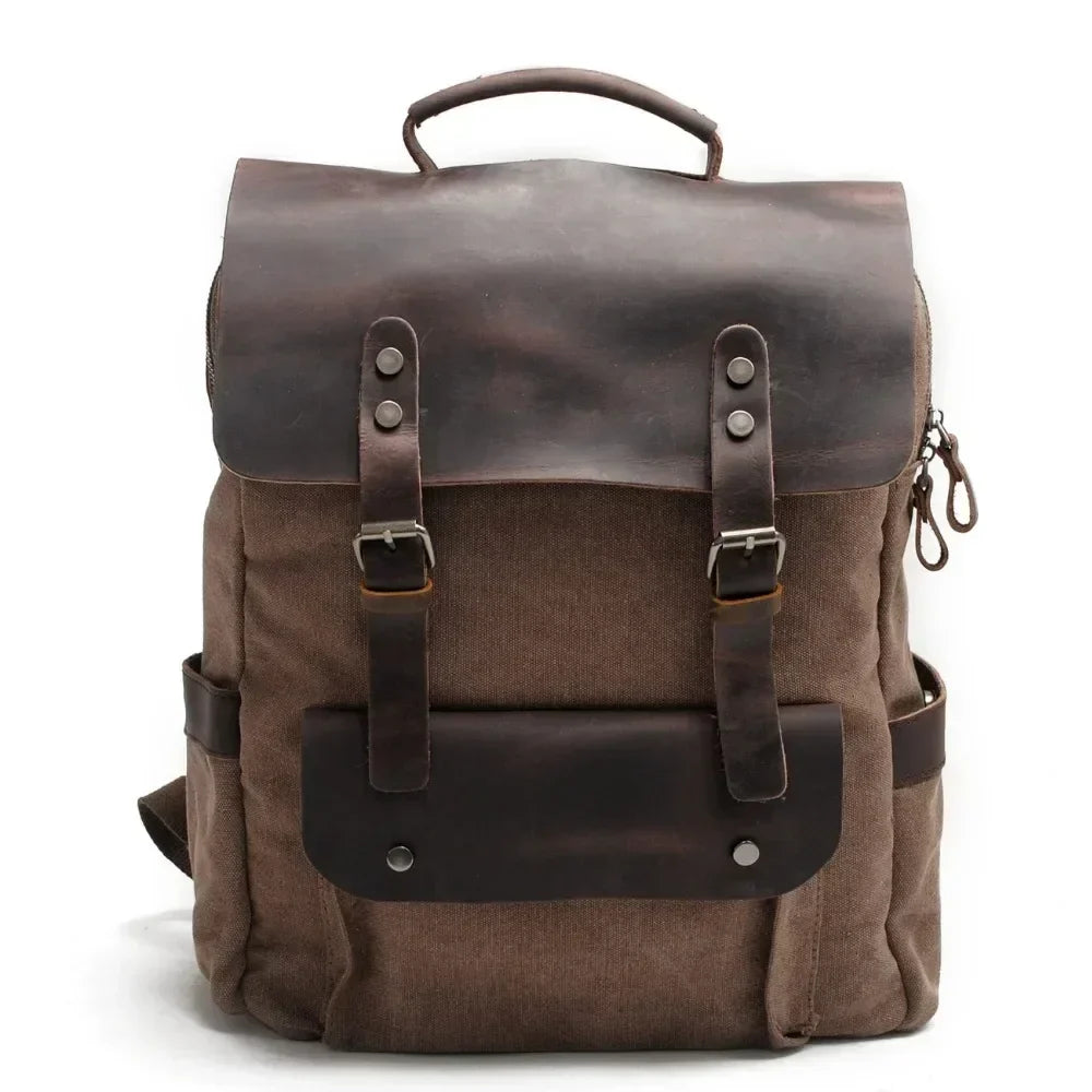 Men’s Waxed Canvas Backpack - Leather Trim 6-Color Laptop Pack - Drak Brown