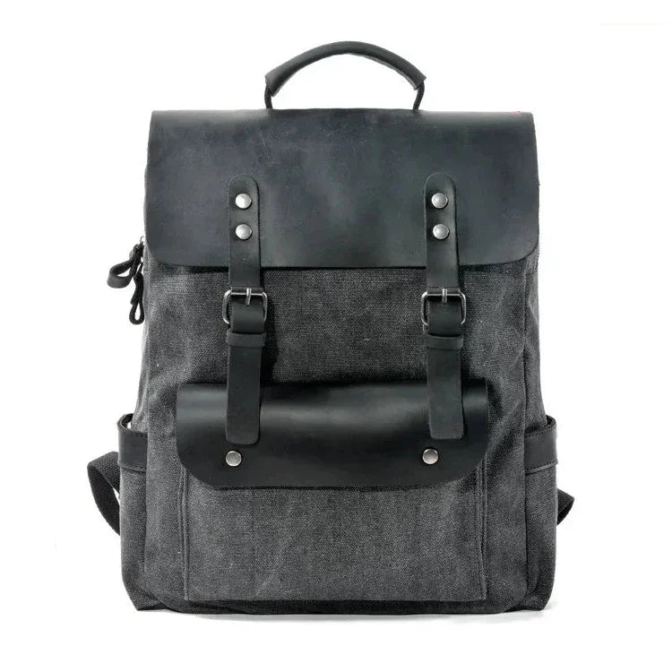 Men’s Waxed Canvas Backpack - Leather Trim 6-Color Laptop Pack - Black