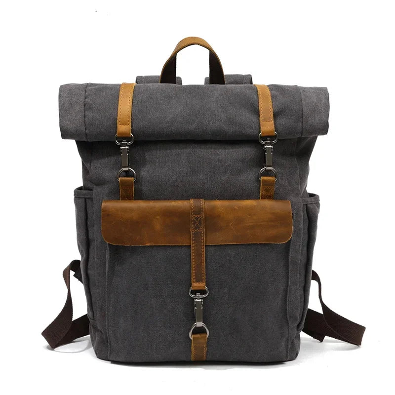 Men’s Canvas Roll-Top Backpack - Leather Trim 16L - Gray