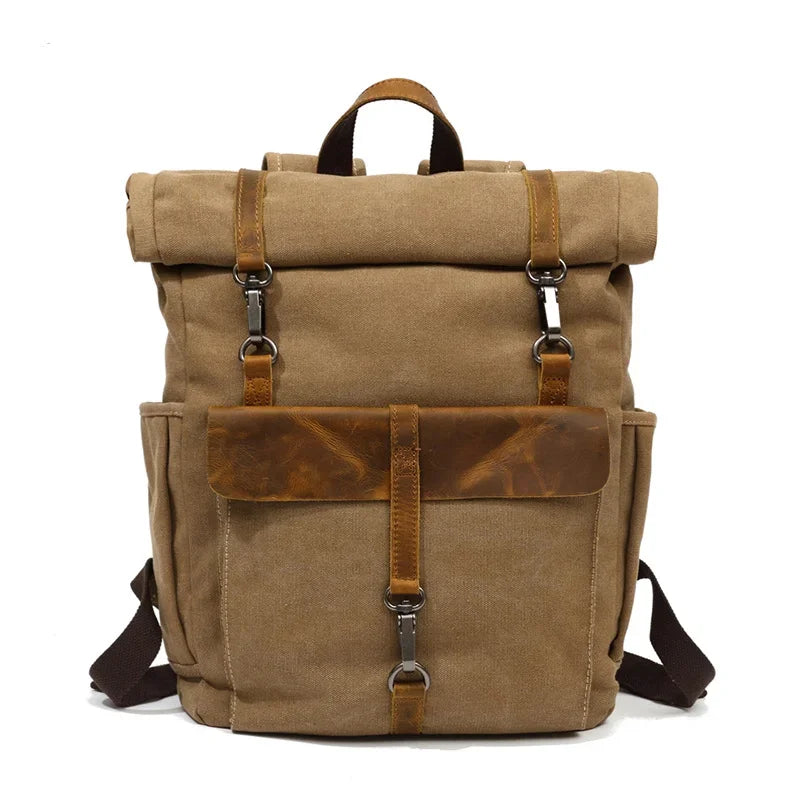 Men’s Canvas Roll-Top Backpack - Leather Trim 16L - Camel