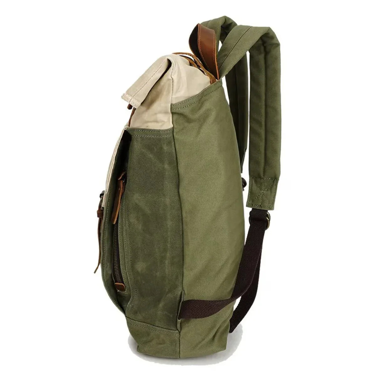 Men’s Waxed Canvas Roll Top Backpack - Crazy Horse Leather Trim