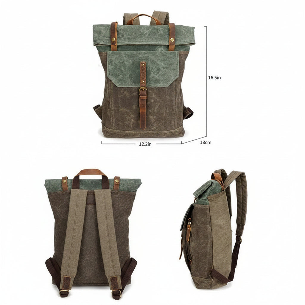 Men’s Waxed Canvas Roll Top Backpack - Crazy Horse Leather Trim
