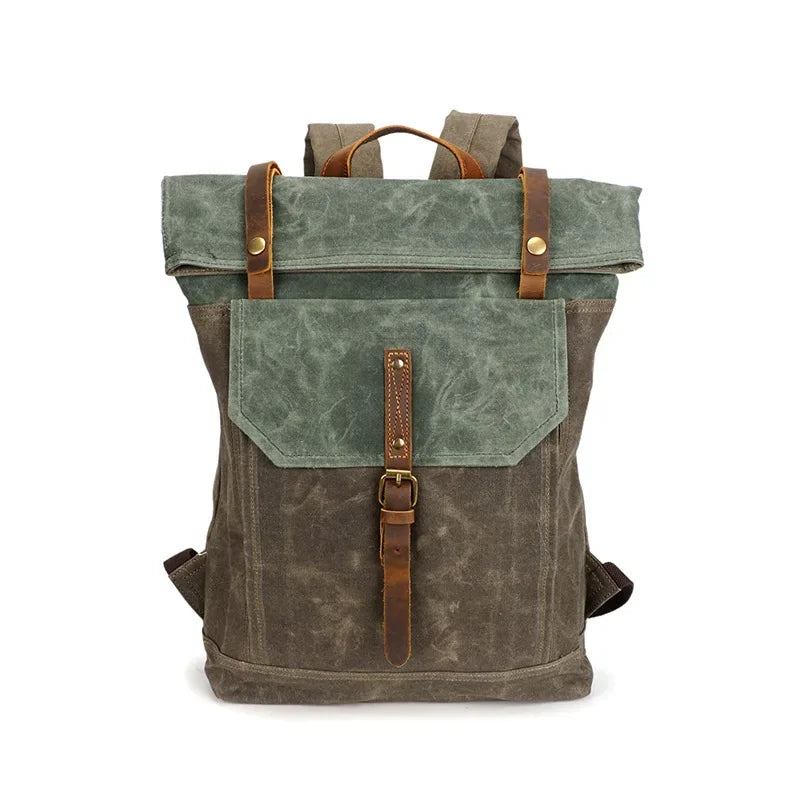 Men’s Waxed Canvas Roll Top Backpack - Crazy Horse Leather Trim