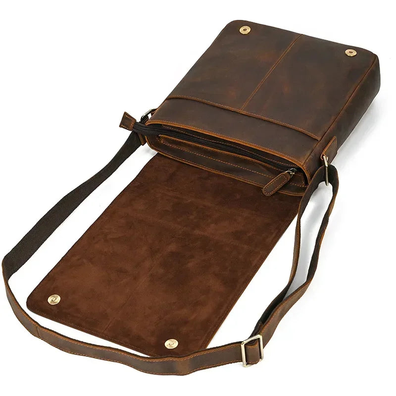 Men’s Leather Crossbody Bag - Vintage Buckle Flap Satchel