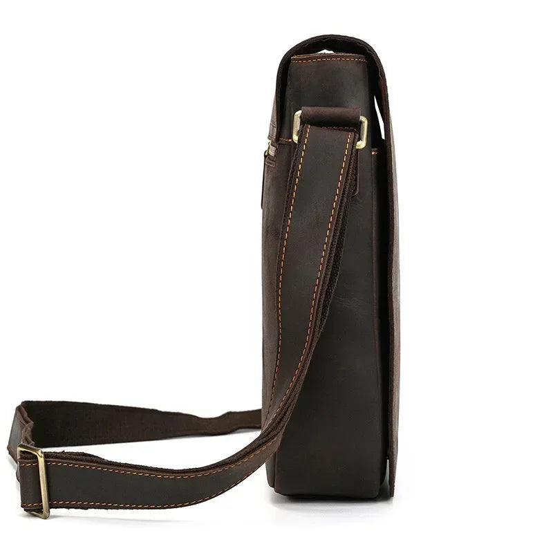 Men’s Leather Crossbody Bag - Vintage Buckle Flap Satchel