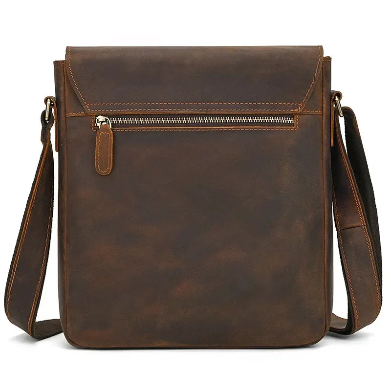 Men’s Leather Crossbody Bag - Vintage Buckle Flap Satchel