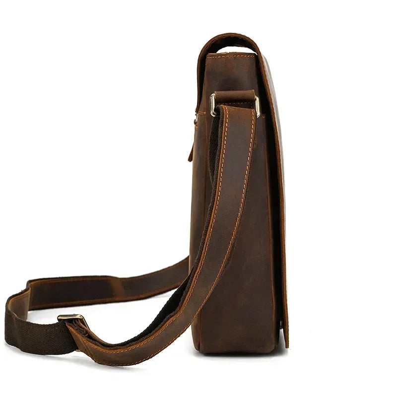Men’s Leather Crossbody Bag - Vintage Buckle Flap Satchel
