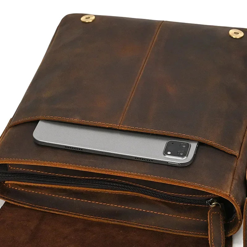 Men’s Leather Crossbody Bag - Vintage Buckle Flap Satchel