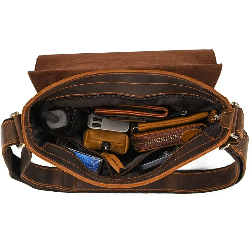 Men’s Leather Crossbody Bag - Vintage Buckle Flap Satchel