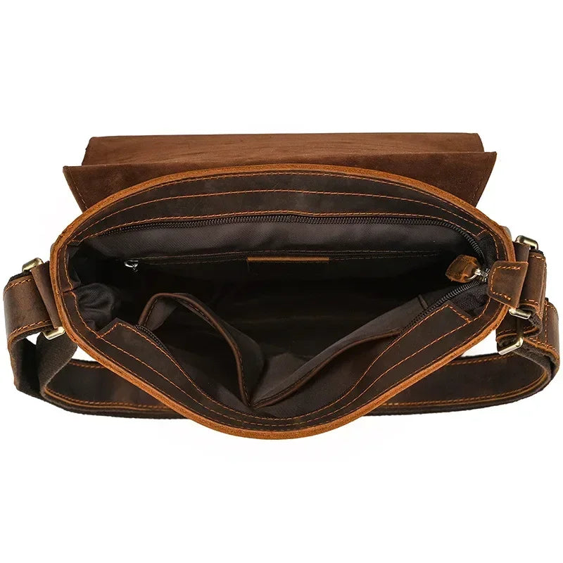 Men’s Leather Crossbody Bag - Vintage Buckle Flap Satchel