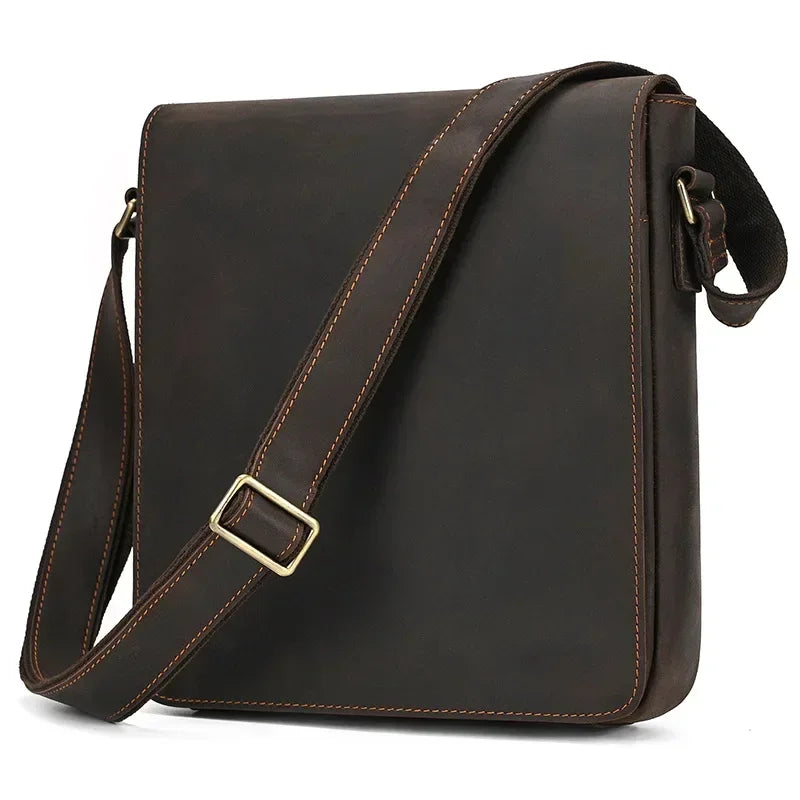 Men’s Leather Crossbody Bag - Vintage Buckle Flap Satchel - Dark brown
