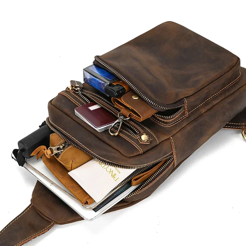 Men’s Leather Sling Bag - Multi-Pocket Tablet Crossbody