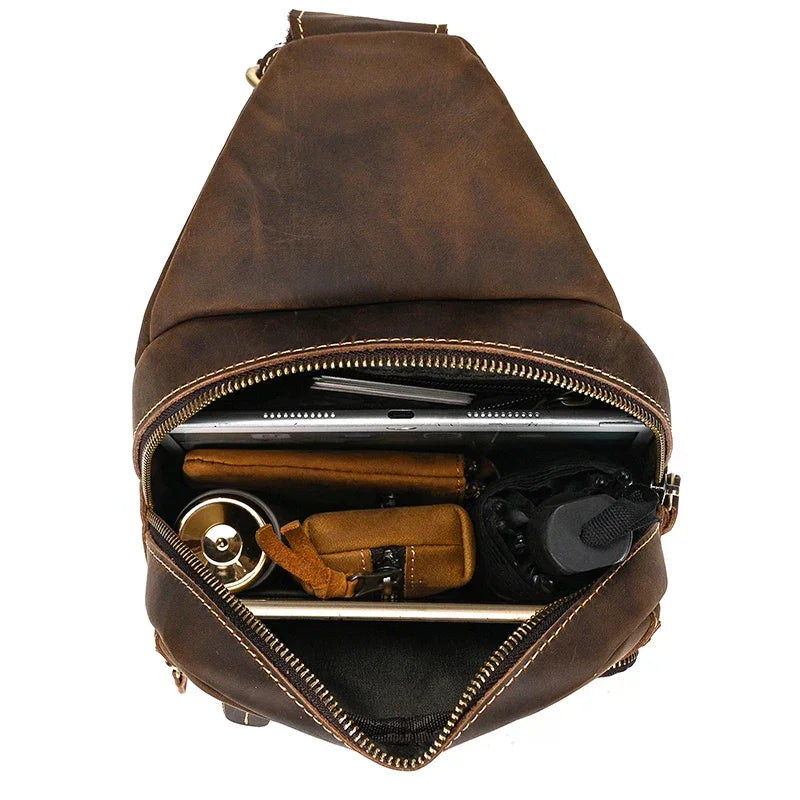 Men’s Leather Sling Bag - Multi-Pocket Tablet Crossbody