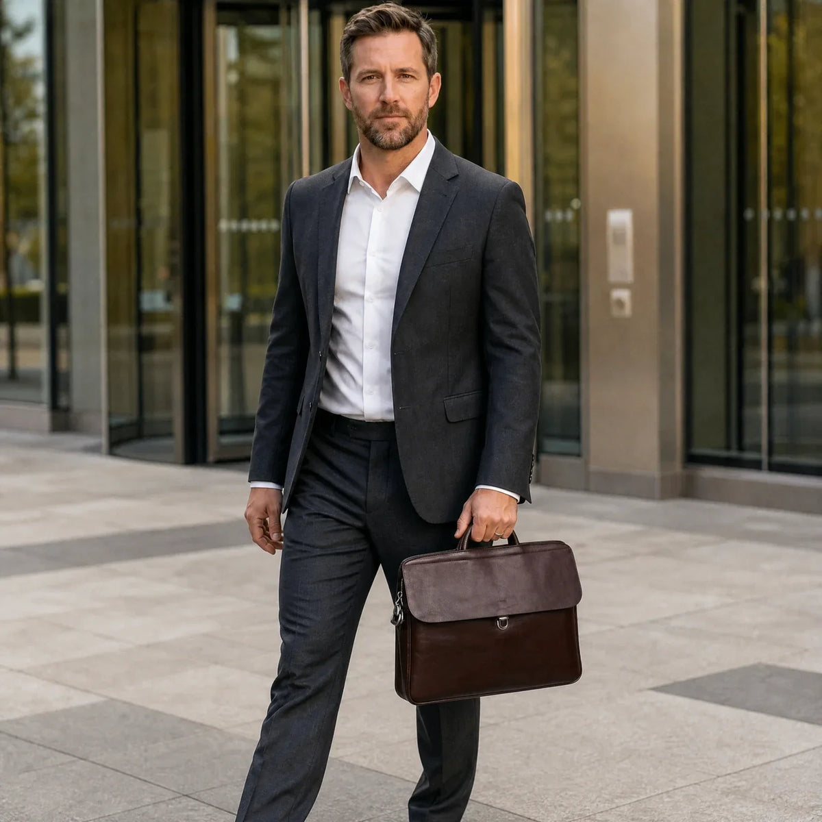 Genuine Leather Flap Briefcase with Push Lock 15 Inch