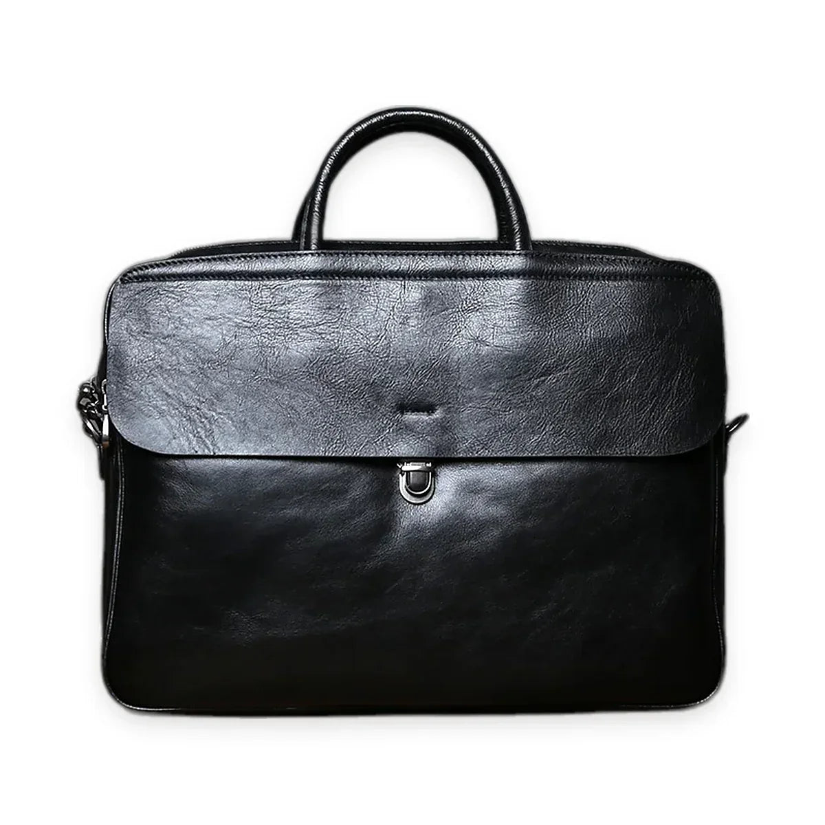 Genuine Leather Flap Briefcase with Push Lock 15 Inch - Black