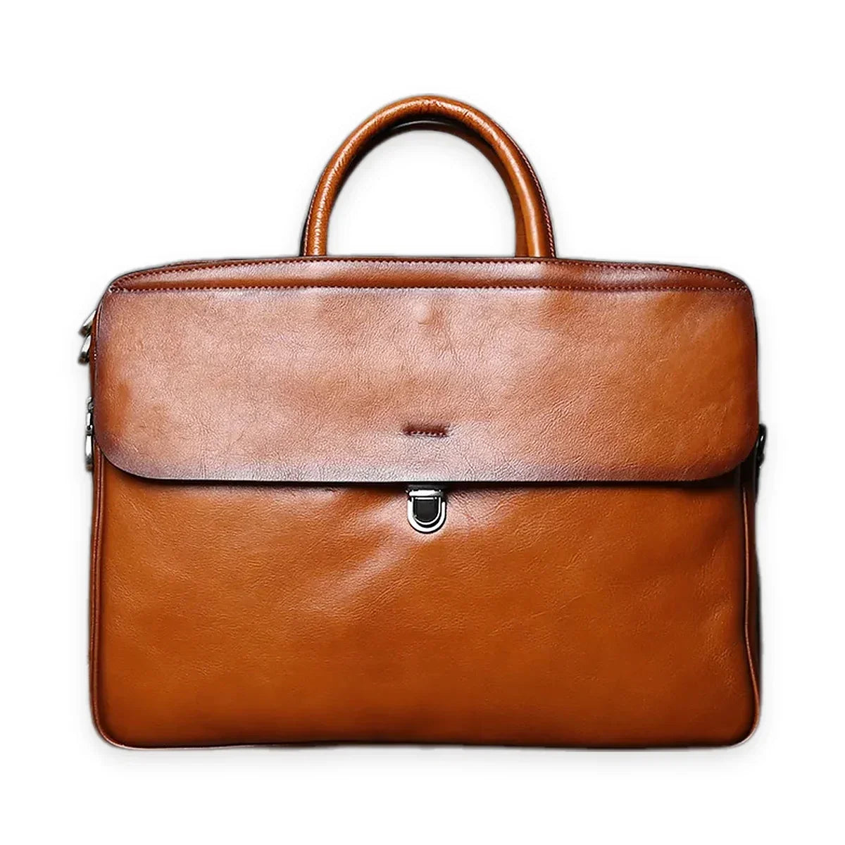 Genuine Leather Flap Briefcase with Push Lock 15 Inch - Retro Brown