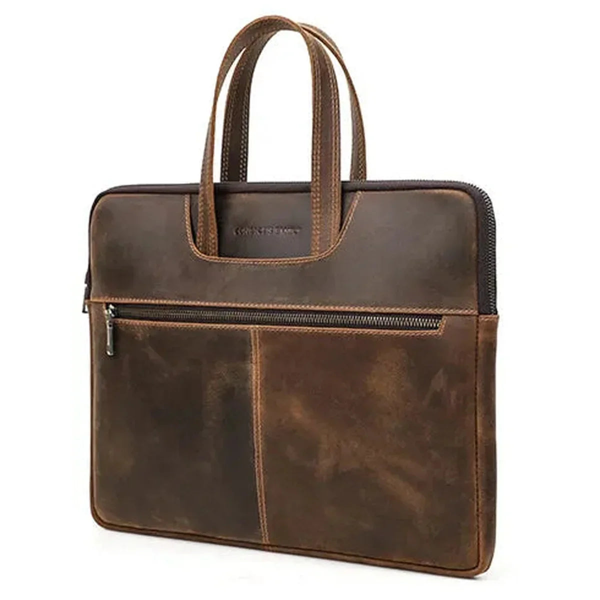 Slim Leather Laptop Briefcase - Zip Case with Front Pocket and Top Handles - Coffee