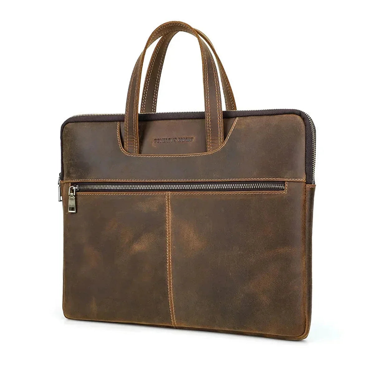 Slim Leather Laptop Briefcase - Zip Case with Front Pocket and Top Handles - Coffee