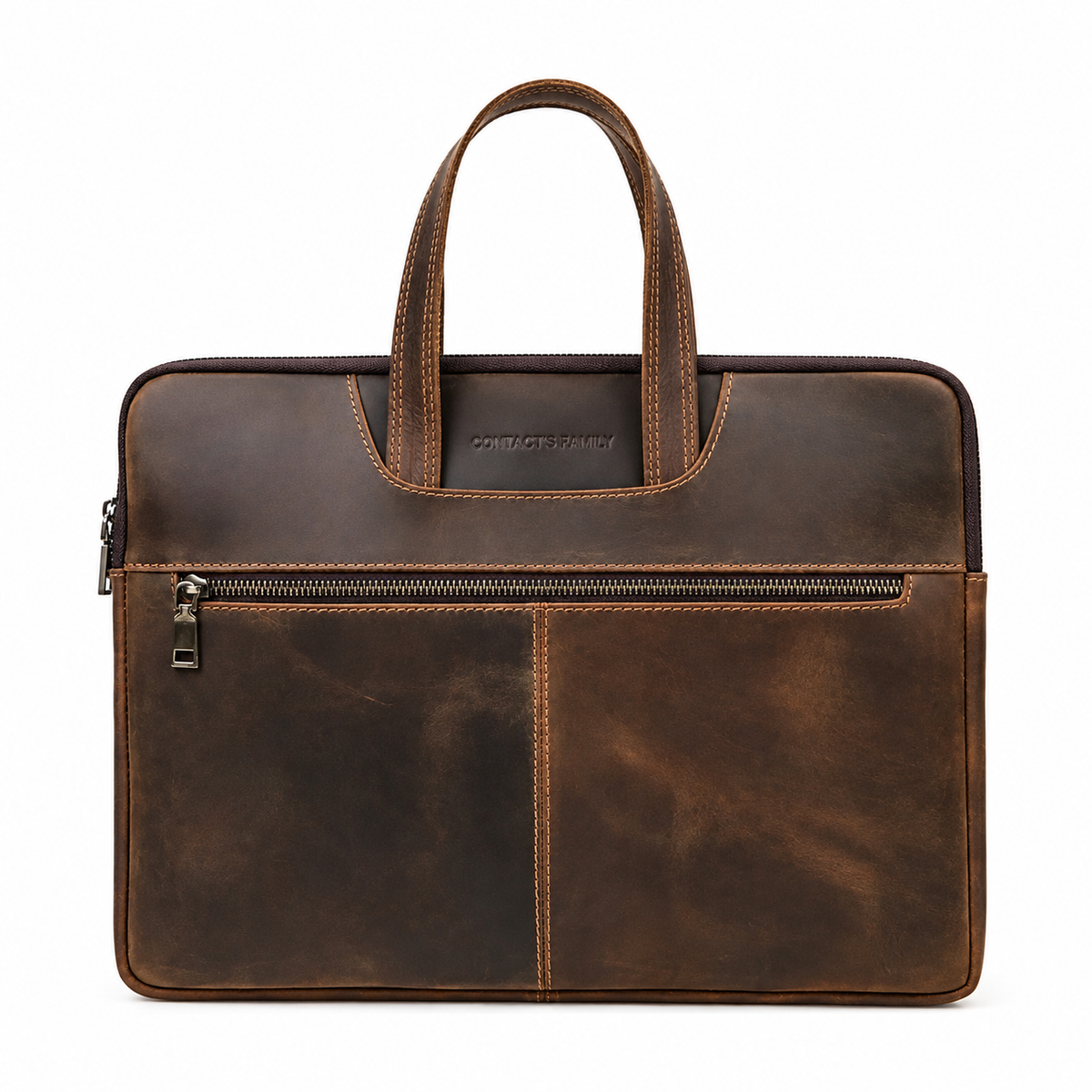 Slim Leather Laptop Briefcase - Zip Case with Front Pocket and Top Handles