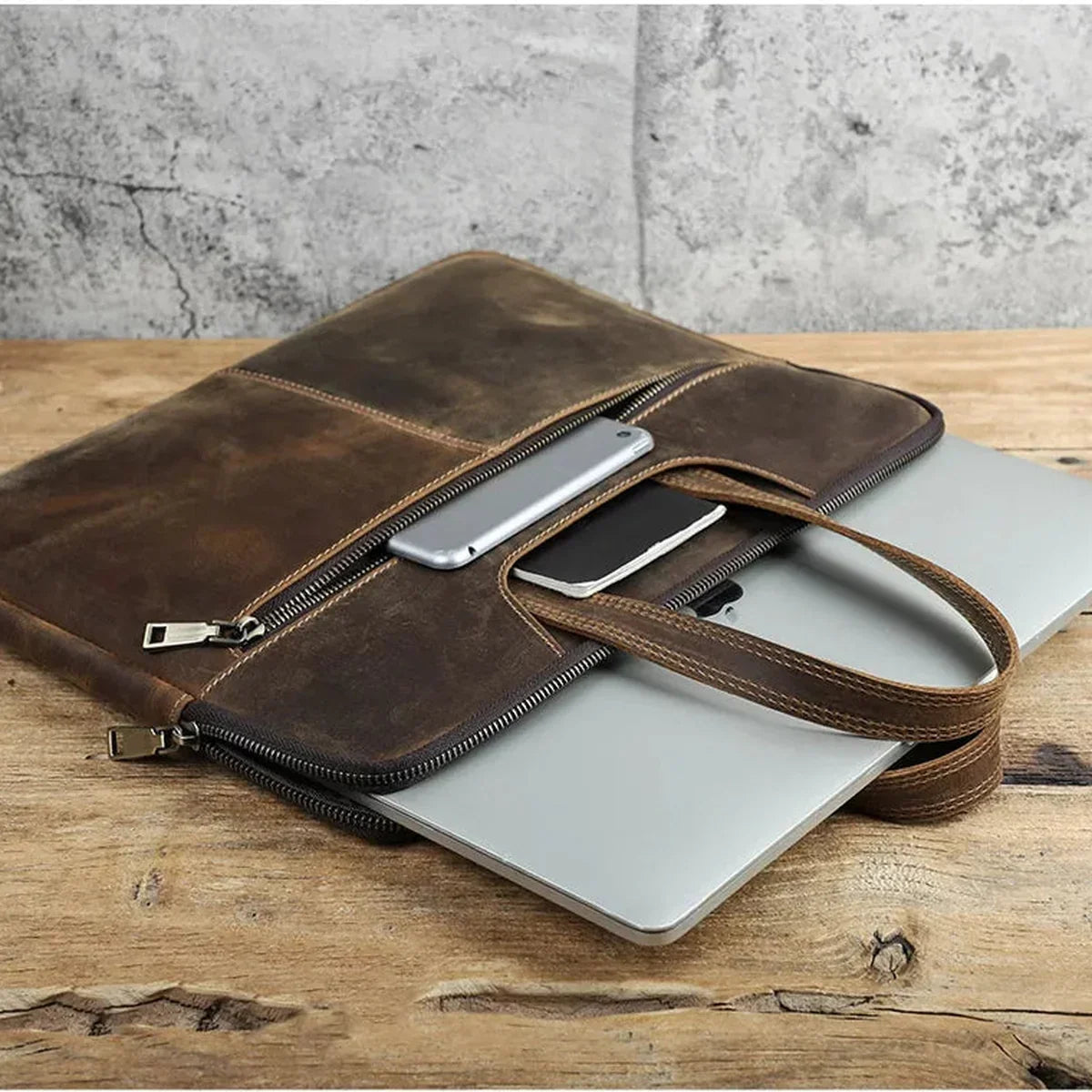 Slim Leather Laptop Briefcase - Zip Case with Front Pocket and Top Handles - Coffee
