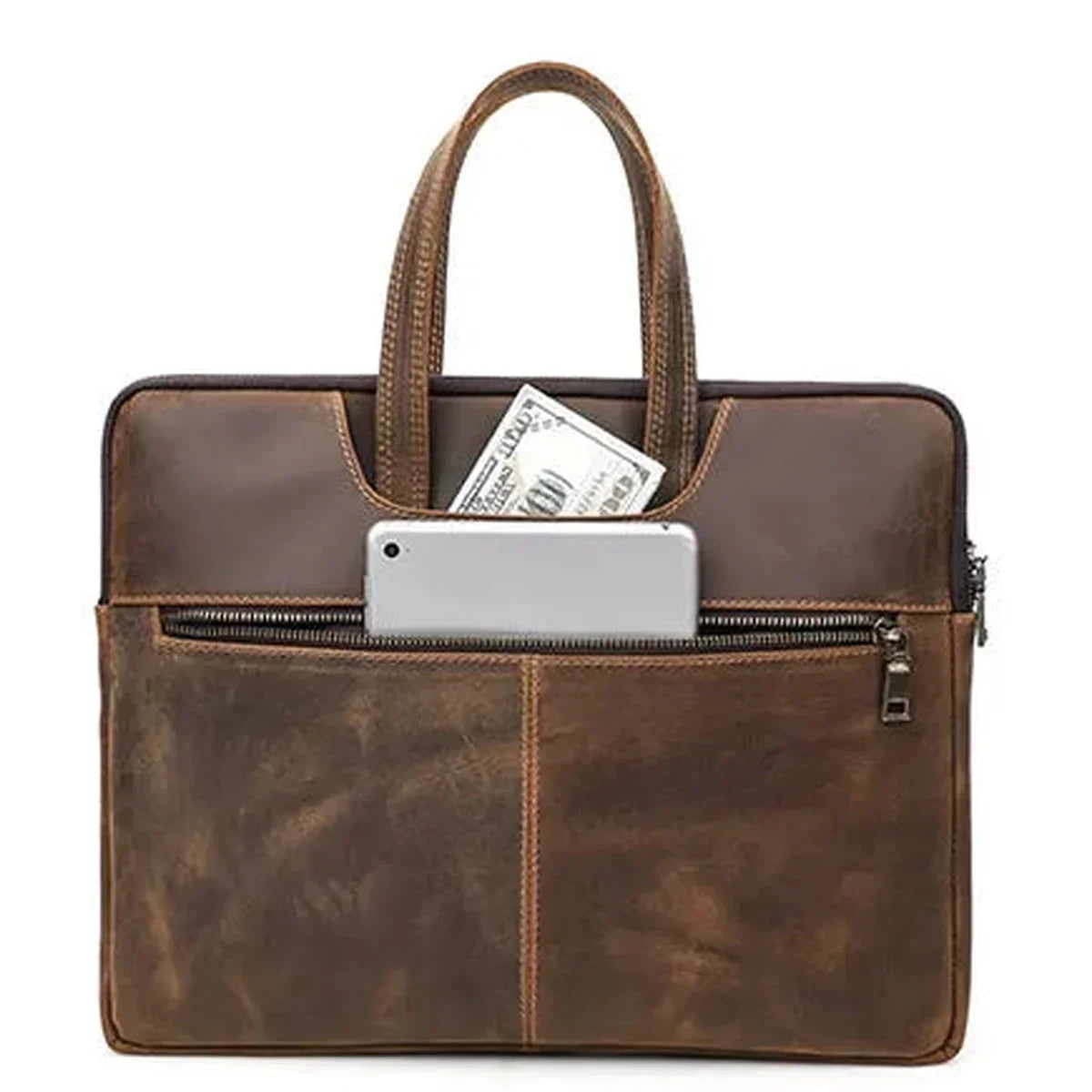 Slim Leather Laptop Briefcase - Zip Case with Front Pocket and Top Handles - Coffee