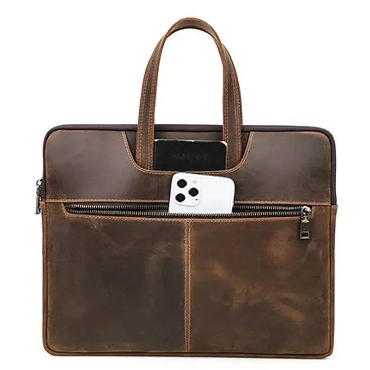 Slim Leather Laptop Briefcase - Zip Case with Front Pocket and Top Handles - Coffee
